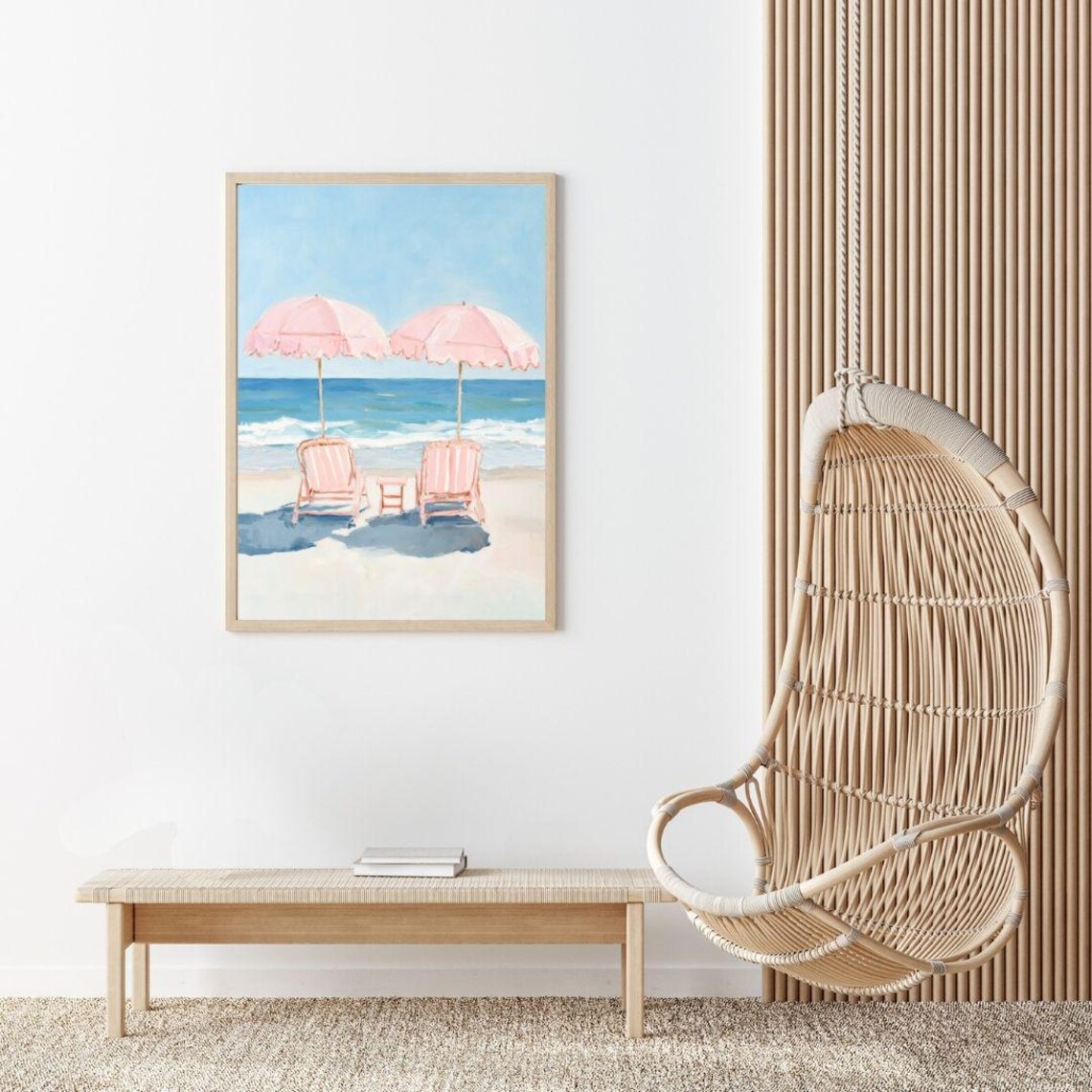 Pink Beach Umbrellas And Chairs, Preppy Coastal Poster - Image 2