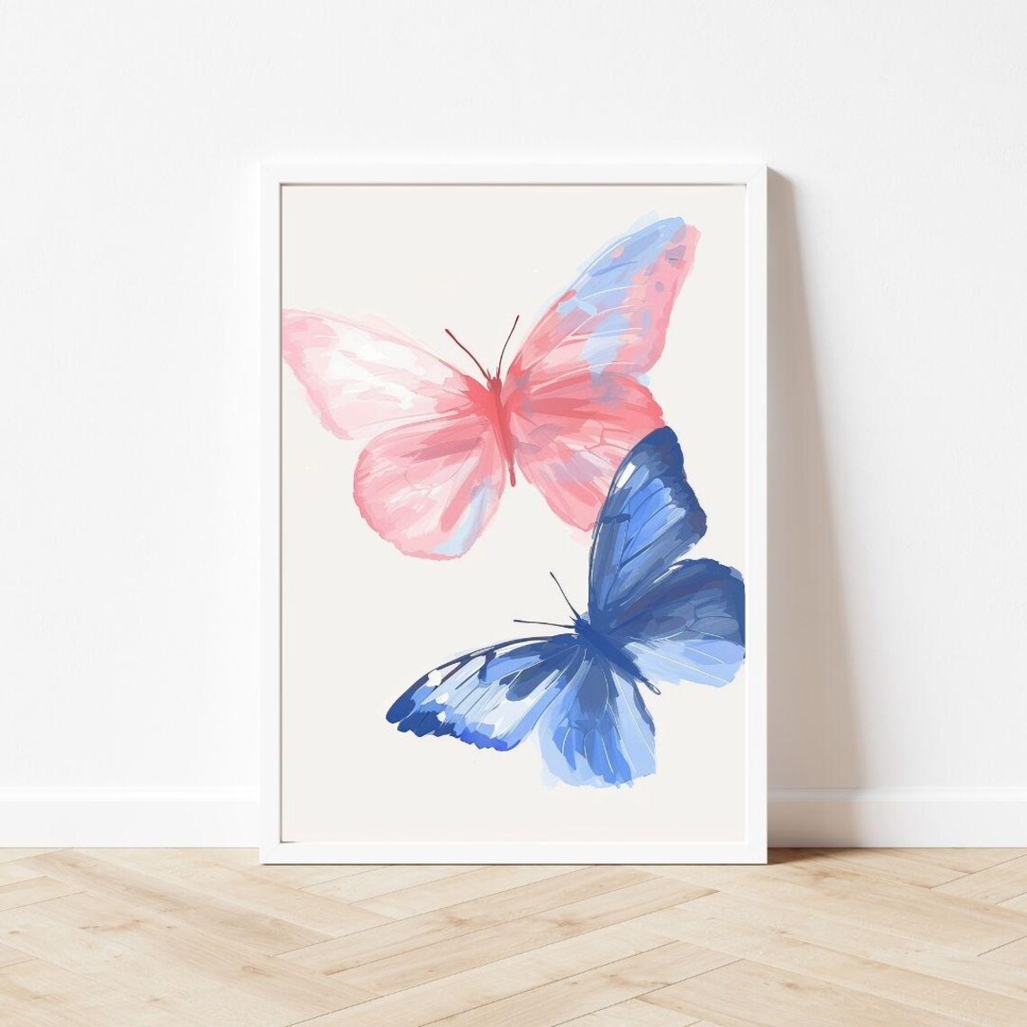 Pink and Blue Watercolor Butterflies Pair Playful Girls Room Poster - Image 3