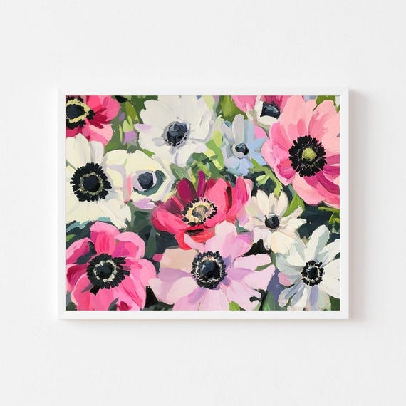Colorful Anemone Flowers Painting, Winter Floral Print