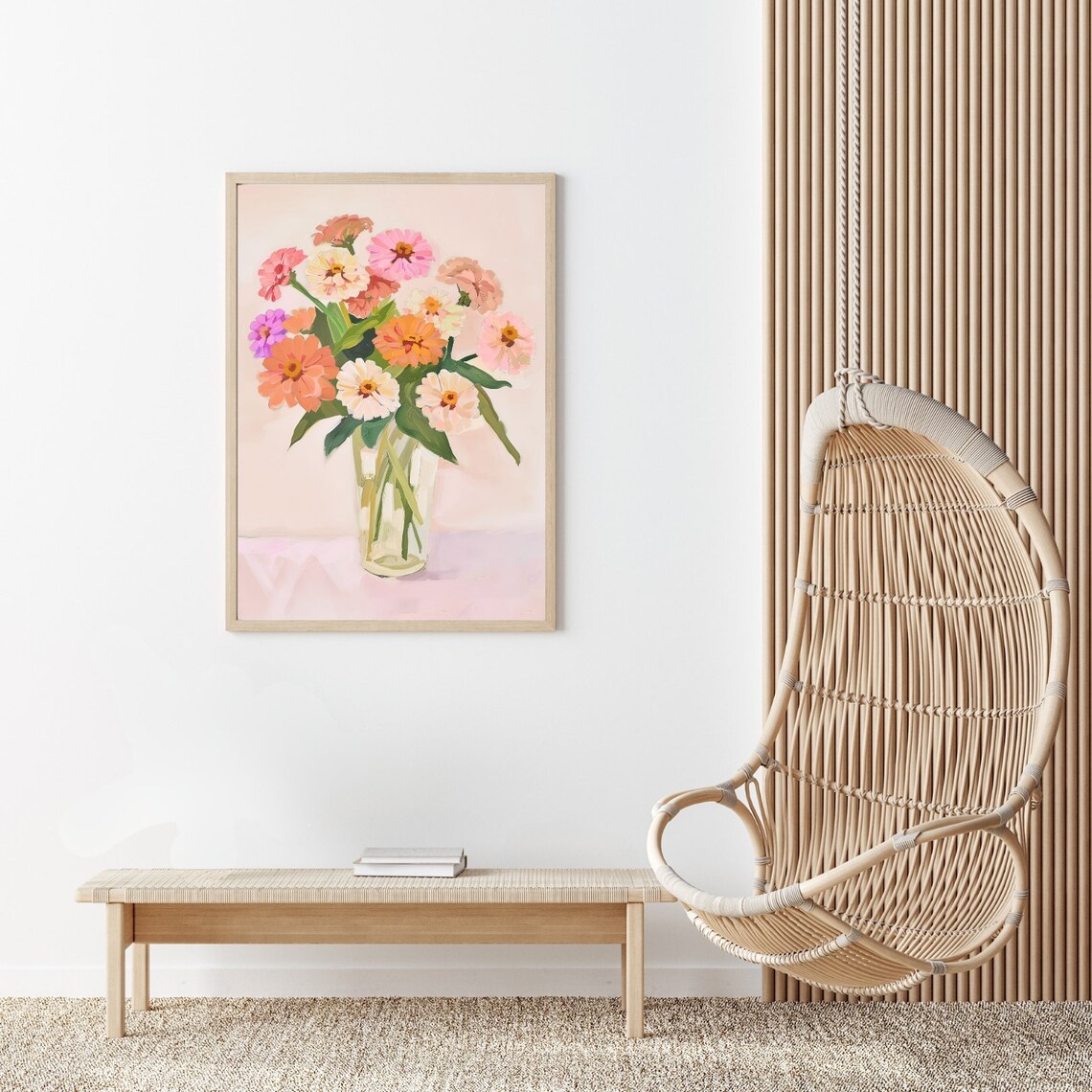 Colorful Zinnia Bouquet in Glass Vase Autumn Floral Still Life Poster - Image 2
