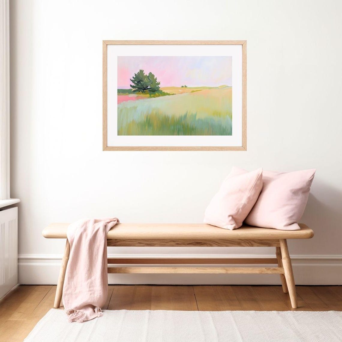 Pastel Pink Meadow Pine Tree Painting Soft Spring Landscape Art Poster - Image 2