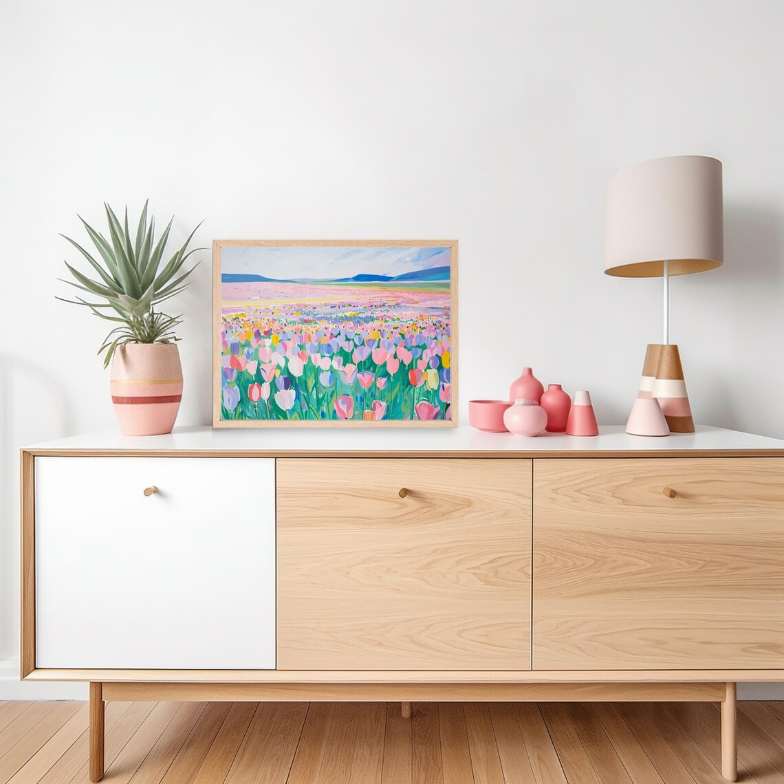 Pastel Tulip Field Painting, Spring Landscape Art Print - Image 2
