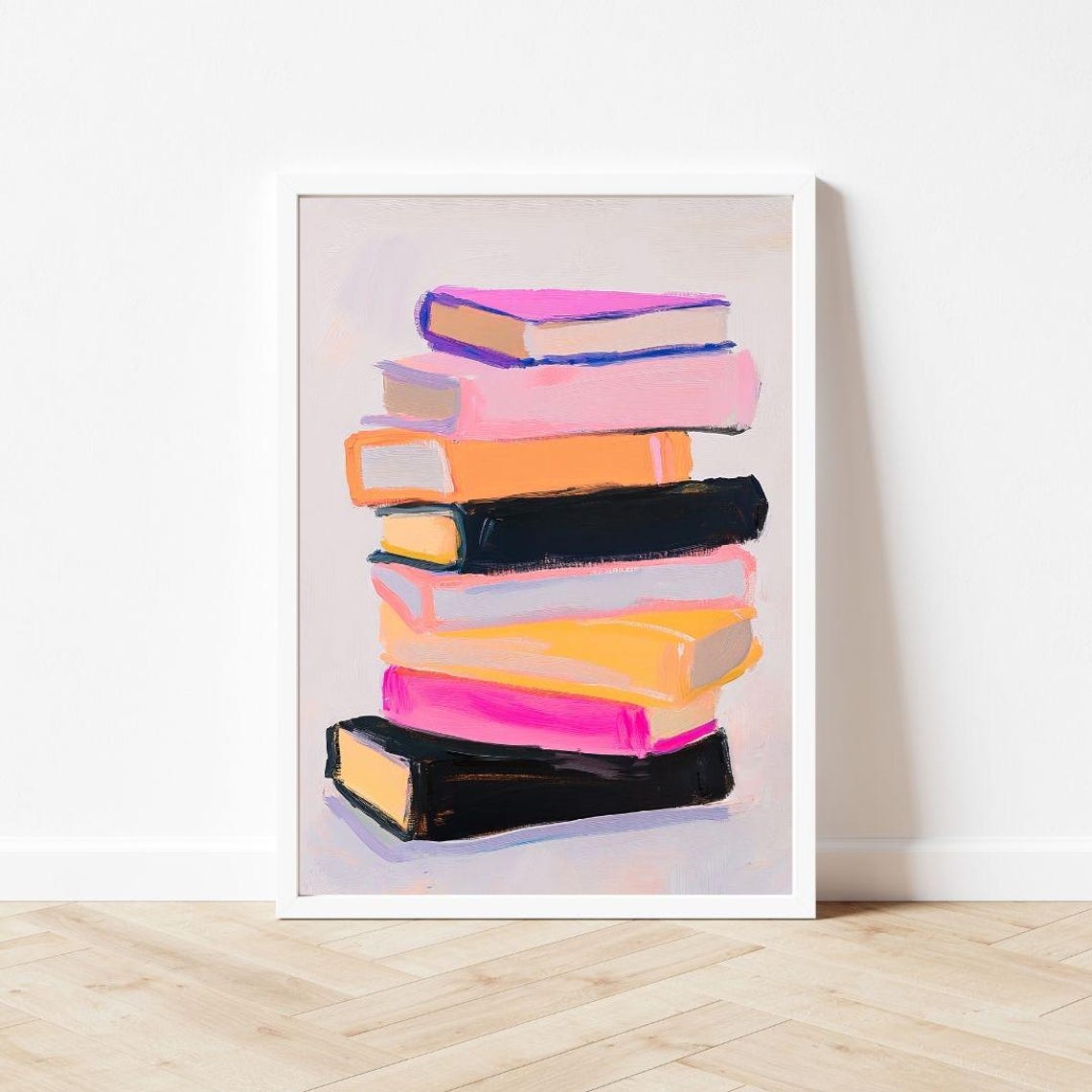 Colorful Book Stack Painting Pink Orange and Black Books Poster - Image 3