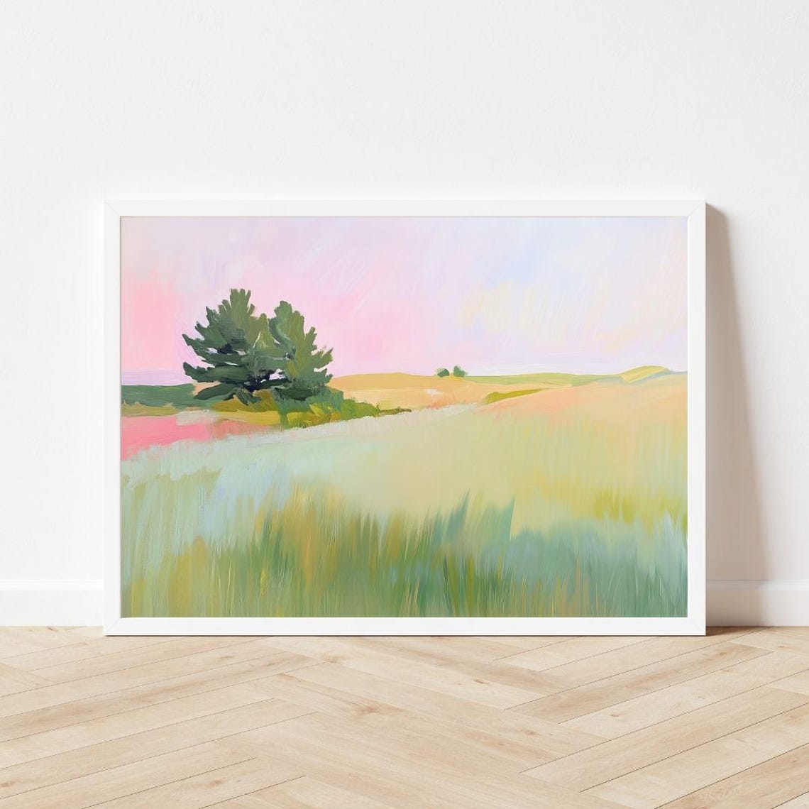 Pastel Pink Meadow Pine Tree Painting Soft Spring Landscape Art Poster - Image 3