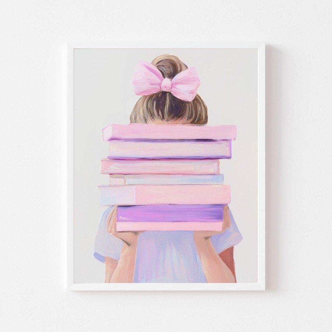 Girl Holding Pink Book Stack Art Print, Pastel Reading Nook