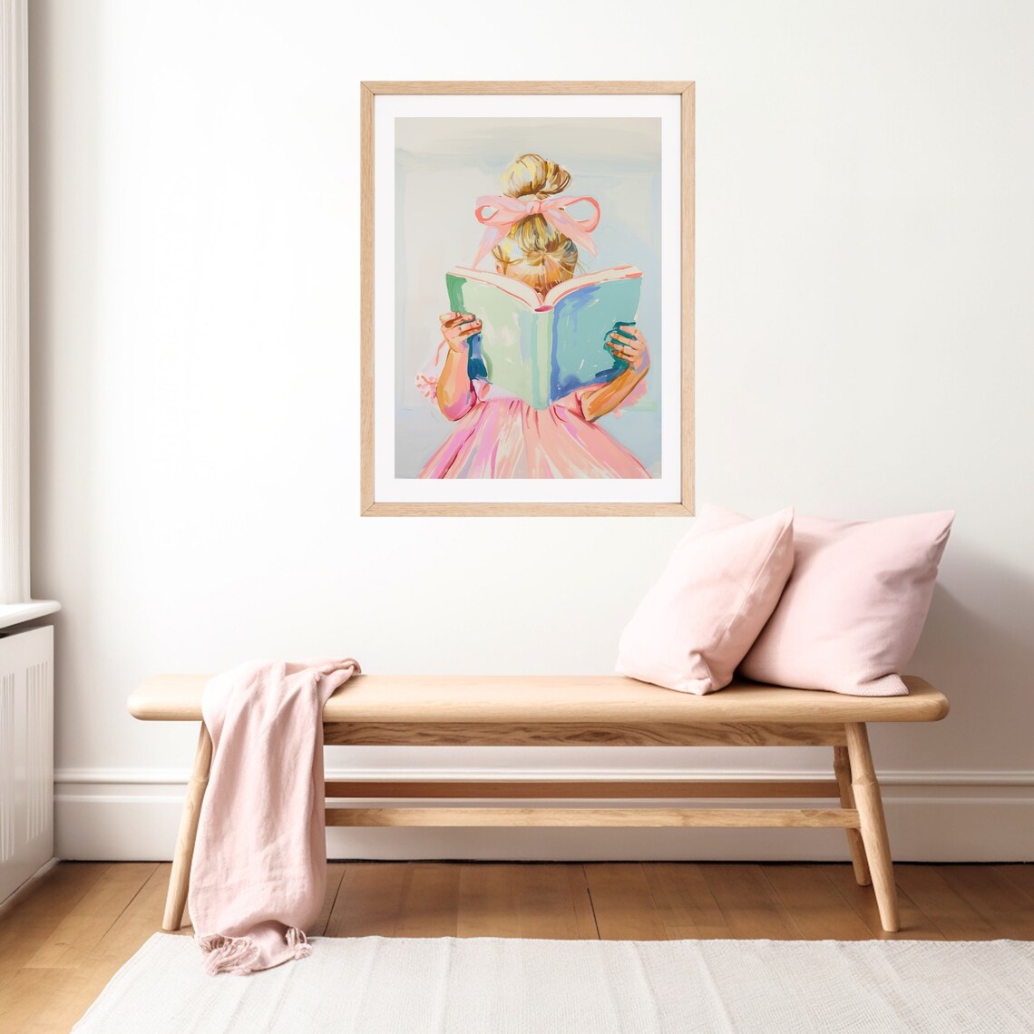 Little Blonde Girl Reading, Pastel Kids Room Art Print - Image 2