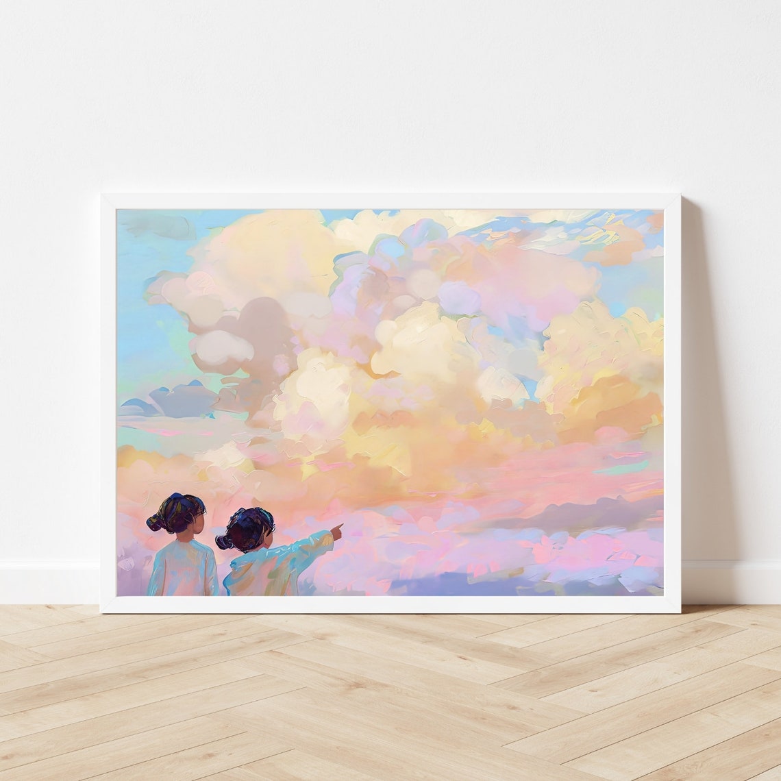 Two Sisters Pointing At Cloud Shapes Painting Girly Colorful Sunset Wall Art Print Pastel Sky Girls Room - Image 3