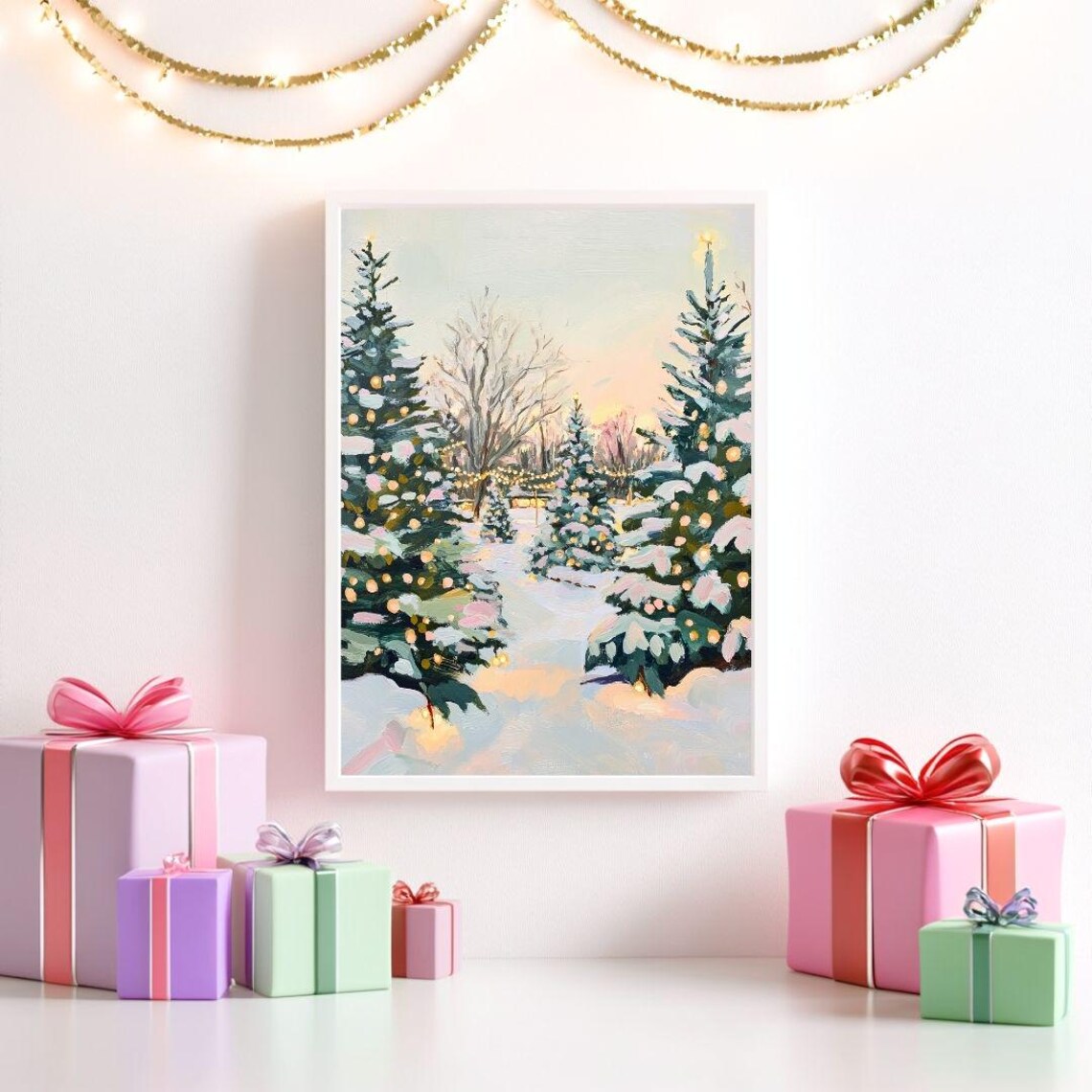 Pastel Christmas Tree Farm Winter Landscape Art Print - Image 2