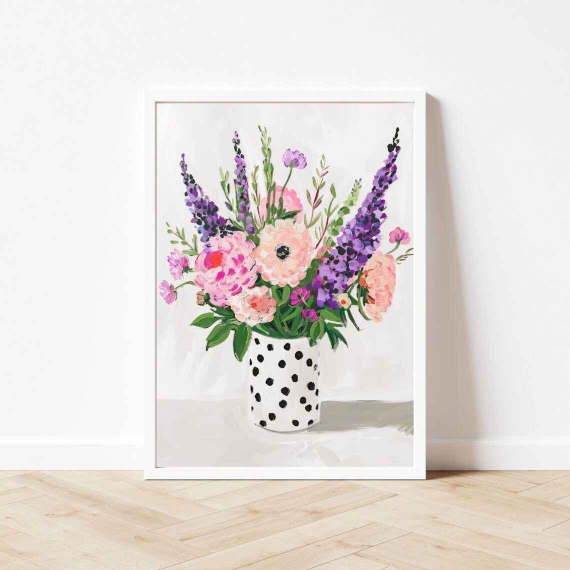 Pink Purple Flowers Polka Dot Vase Painting Whimsical Bouquet Poster - Image 3