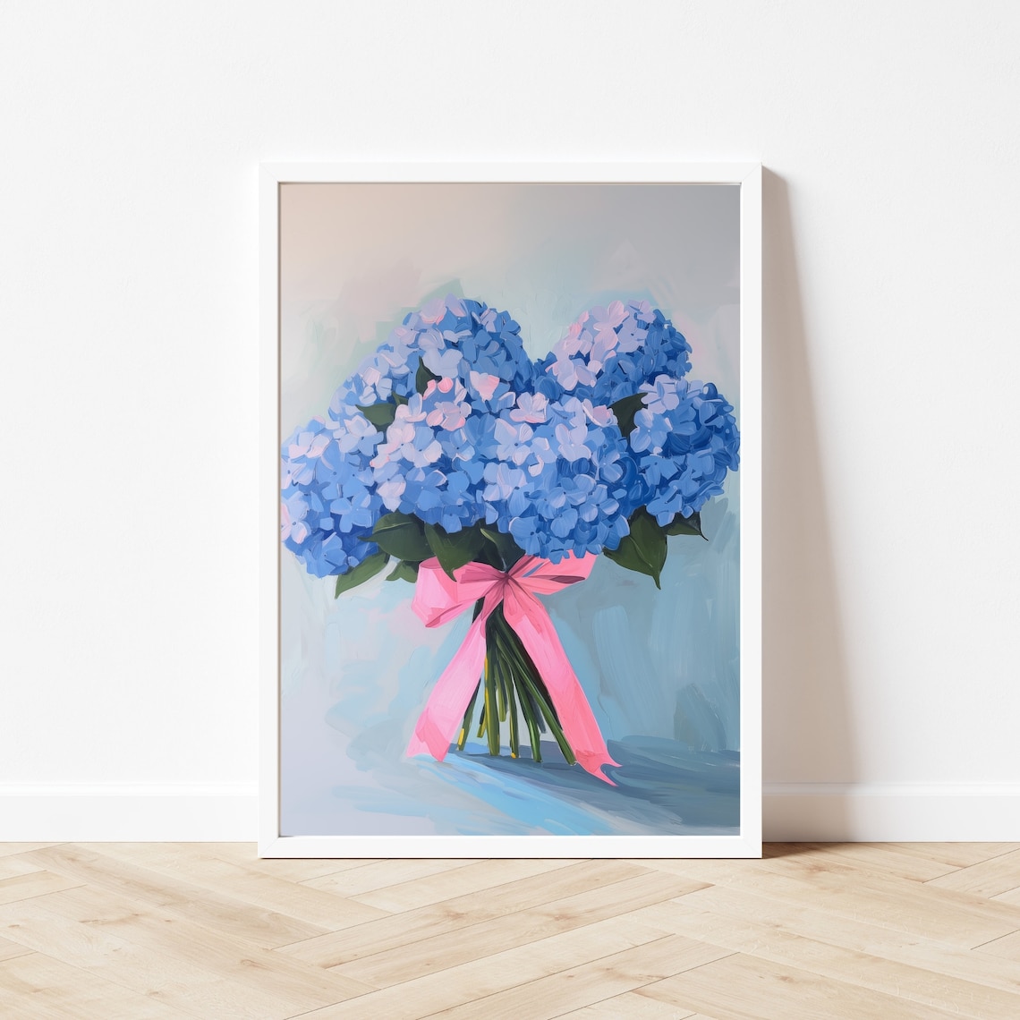 Blue Hydrangea Floral Painting Art Print, Grandmillennial Bow - Image 3