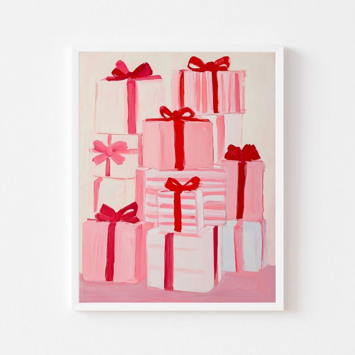 Pink And Red Christmas Gifts With Bows Pastel Holiday Painting Poster