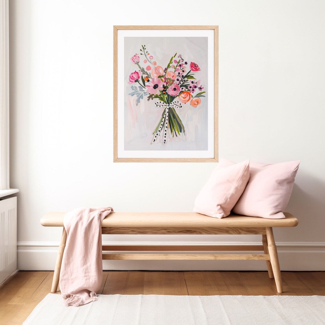 Pink Wildflower Bouquet Polka Dot Ribbon Whimsical Floral Art Poster - Image 2