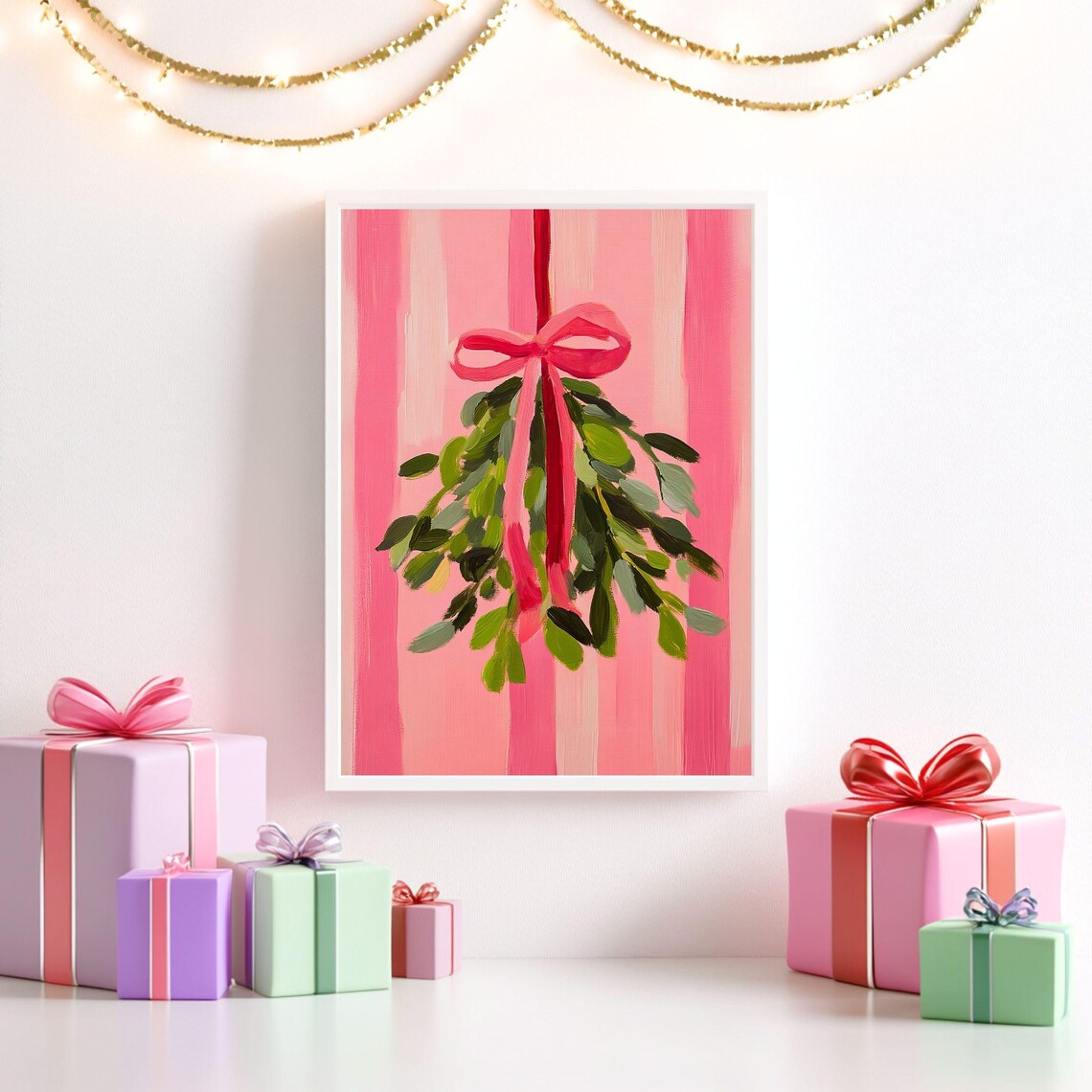 Mistletoe With Red Bow, Retro Christmas Art Print - Image 2
