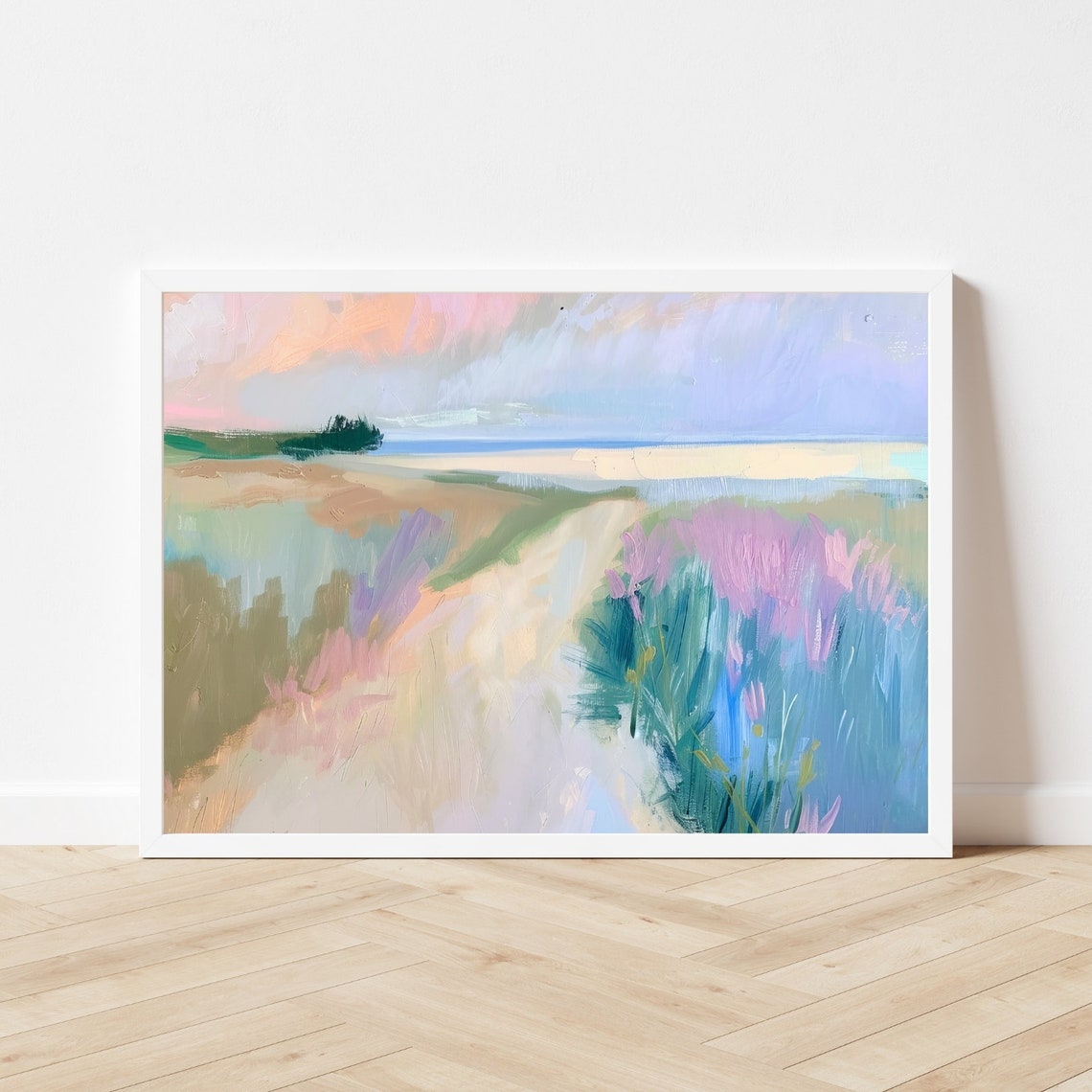 Pastel Beach Dune Path Painting in Pink and Purple Hues Poster - Image 3