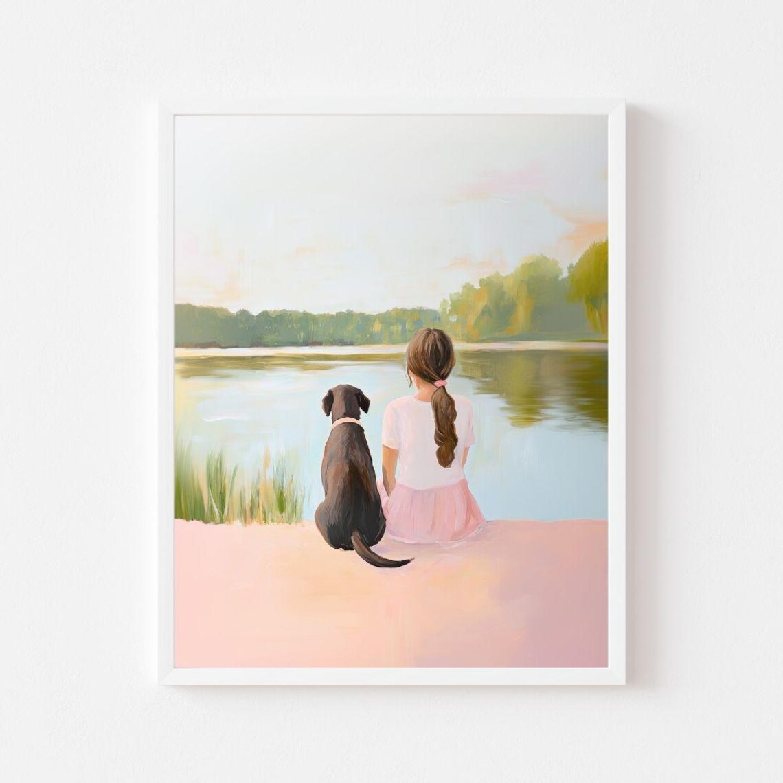Girl And Dog At The Lake Pastel Sunset Childhood Friendship Poster