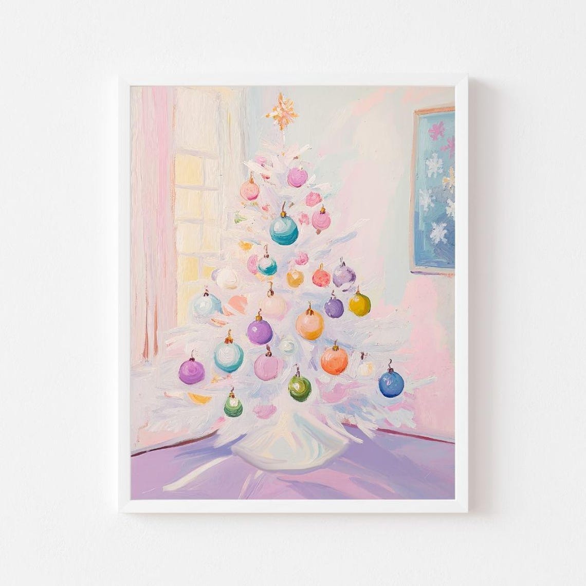 White Christmas Tree by Window Pastel Ornaments Holiday Poster