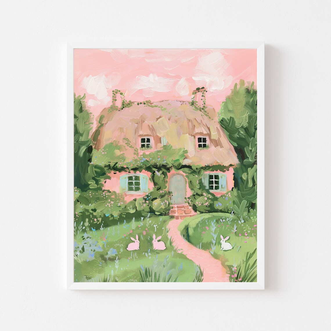 Pink Easter Cottage Bunny Rabbit Art Print