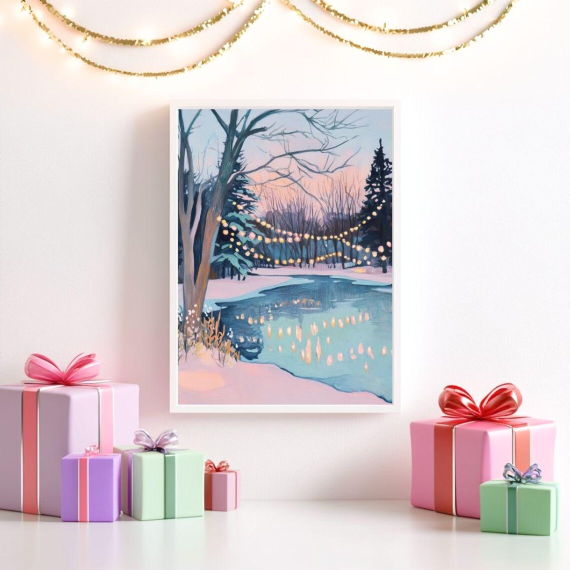Pastel Winter Pond Christmas Sunset Art Print - Image 2