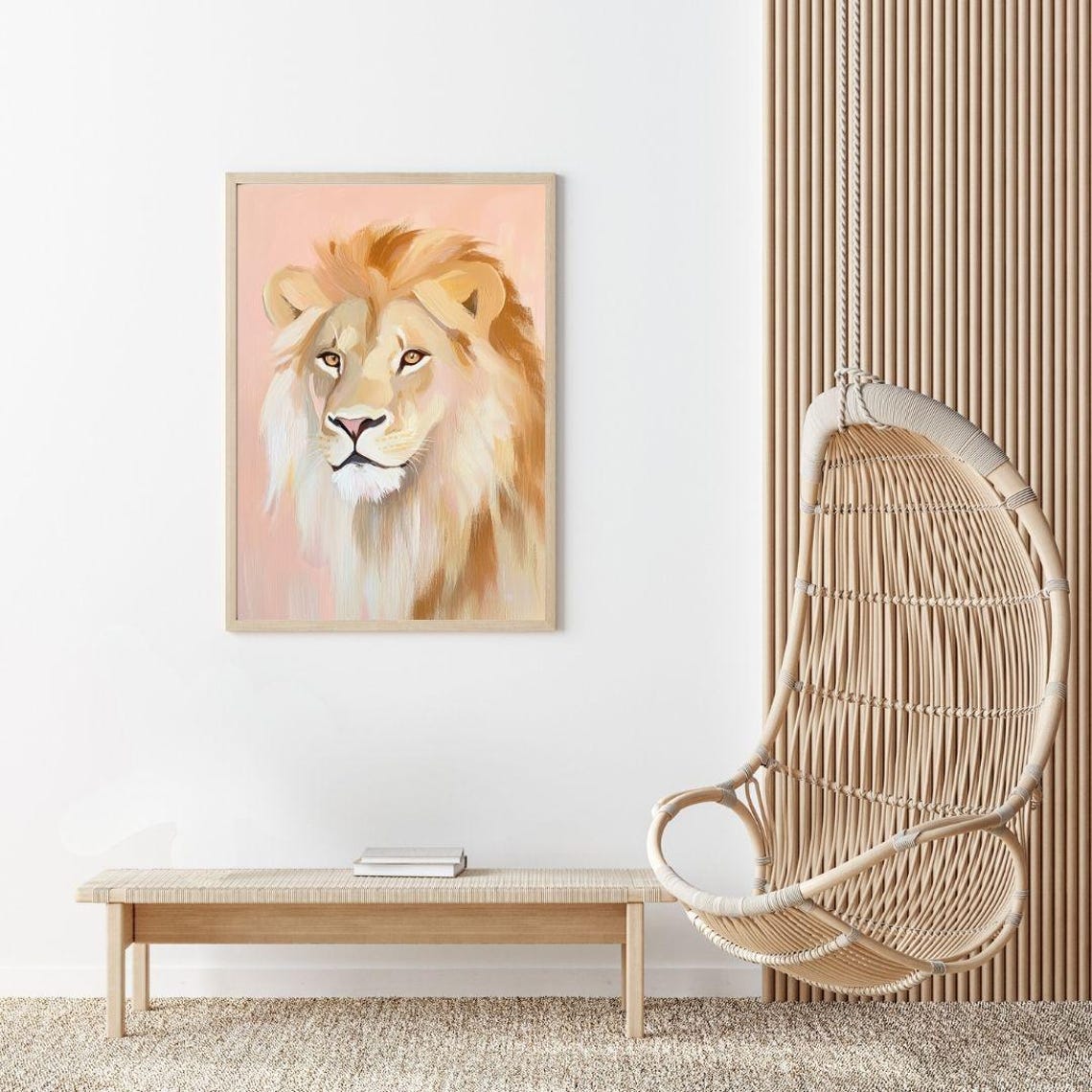 Golden Lion Portrait in Soft Pink Watercolor Wildlife Poster - Image 2