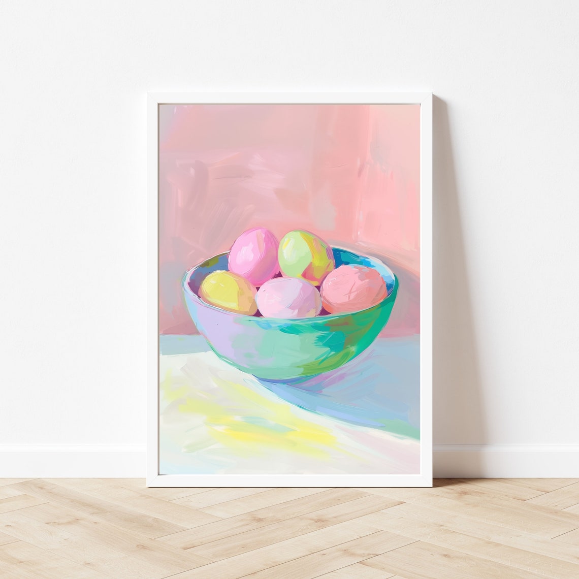 Pastel Easter Eggs in a Teal Bowl Spring Still Life Painting Poster - Image 3