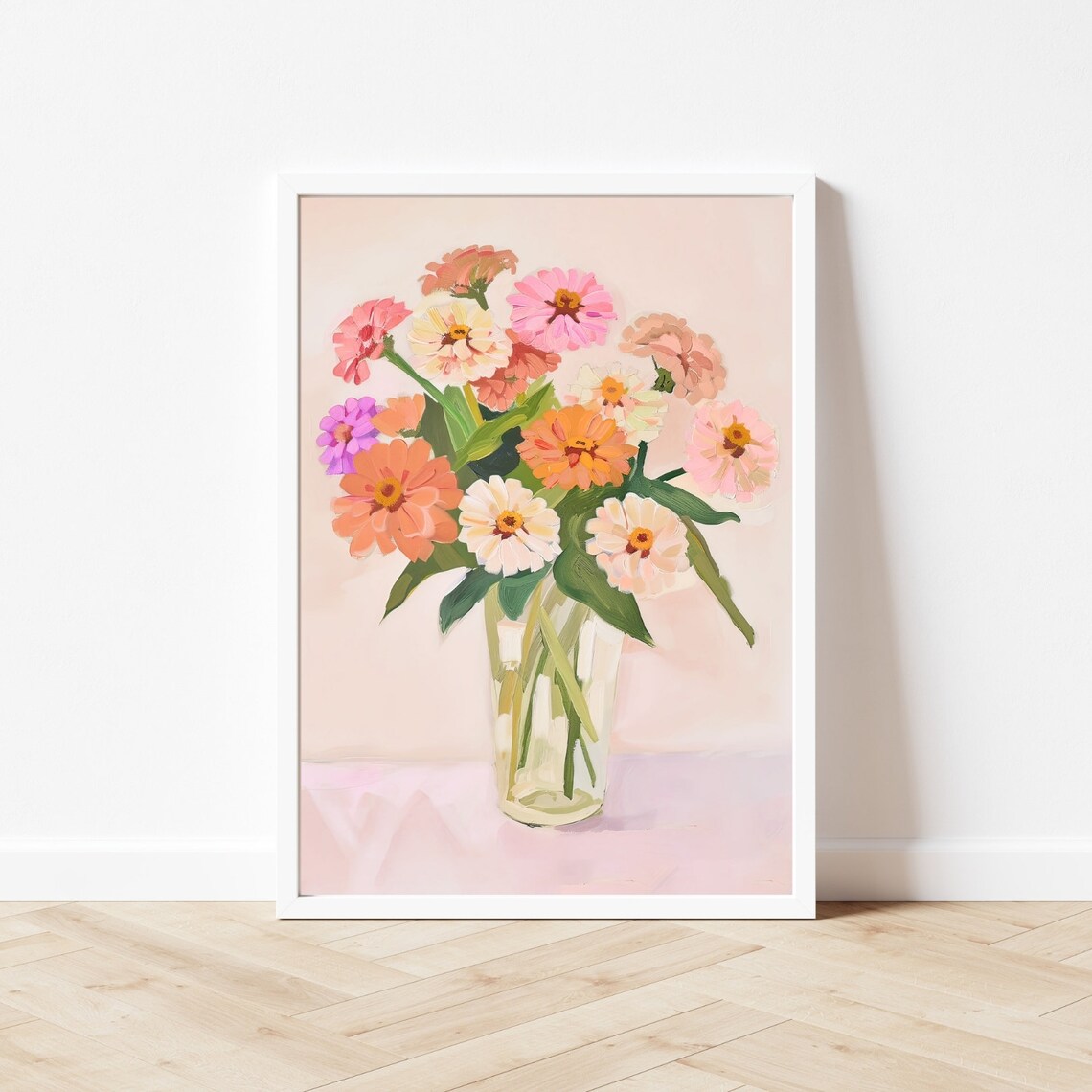 Colorful Zinnia Bouquet in Glass Vase Autumn Floral Still Life Poster - Image 3