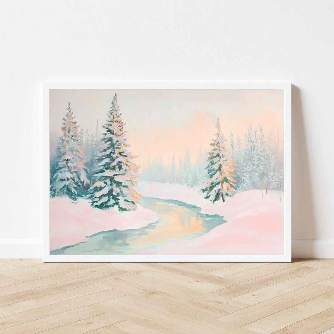 Pastel Winter Forest Painting Pink Green Snowy Trees Wall Art Print Colorful Finland Cold Weather Landscape - Image 3