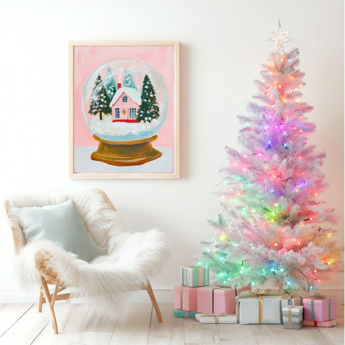 Pink Snow Globe With Christmas House And Trees Pastel Painting Poster - Image 2