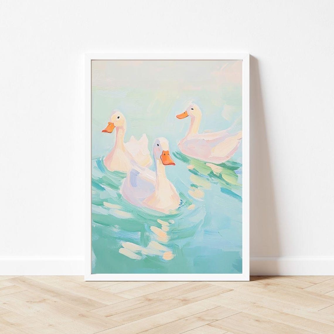 Three White Ducks Swimming on Turquoise Water Painting Poster - Image 3