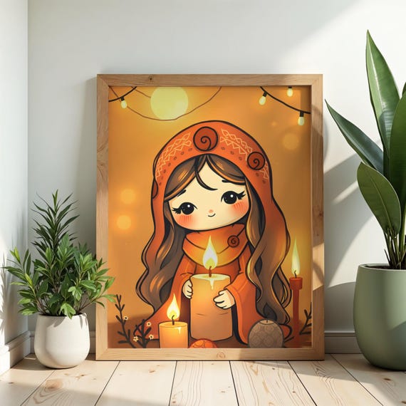 Cozy Candle Girl Art Christmas Illustration Kids Room Decor