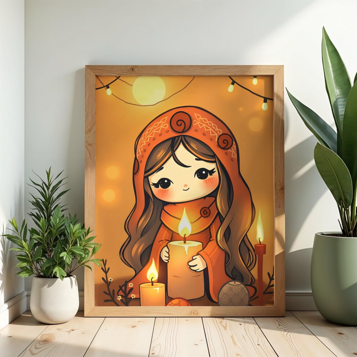 Cozy Candle Girl Christmas Wall Art Cute Orange Illustration Kids Room