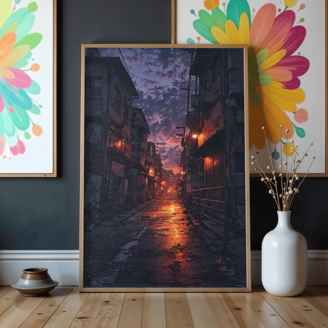 Moody Urban Alley Night Print Rainy Street Neon Glow Cinematic Scene
