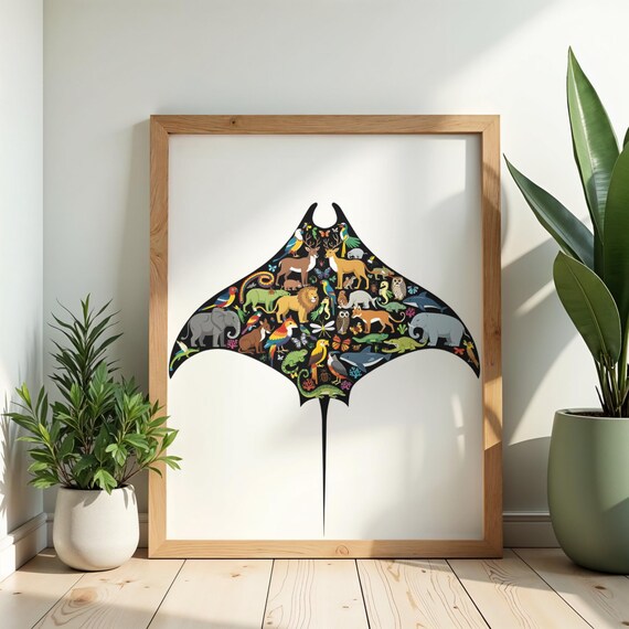 Manta Ray Wildlife Collage Lion Elephant Parrot Colorful Animal Art Print