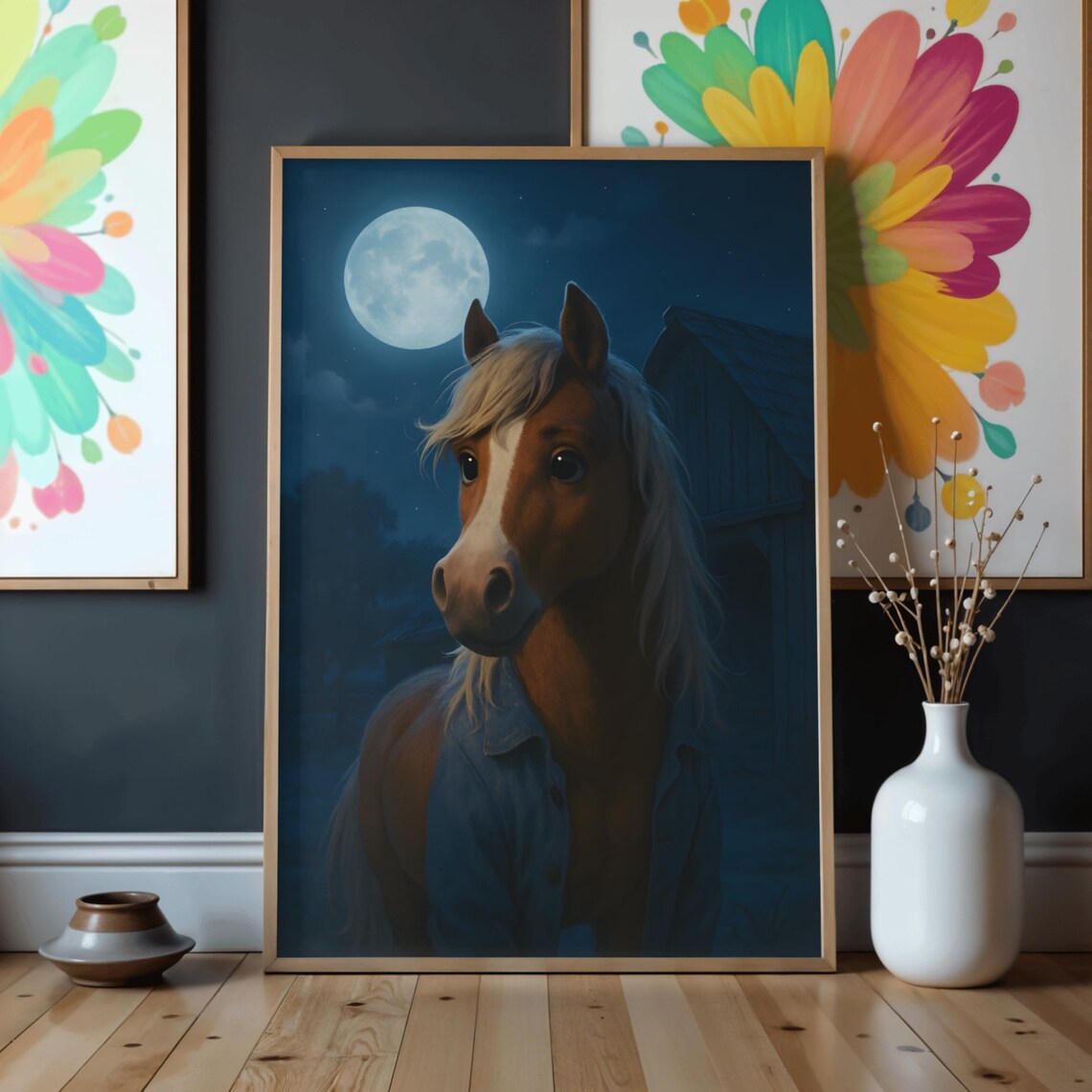 Moonlit Brown Horse Under Full Moon Night Farm Dreamy Kids Art Print