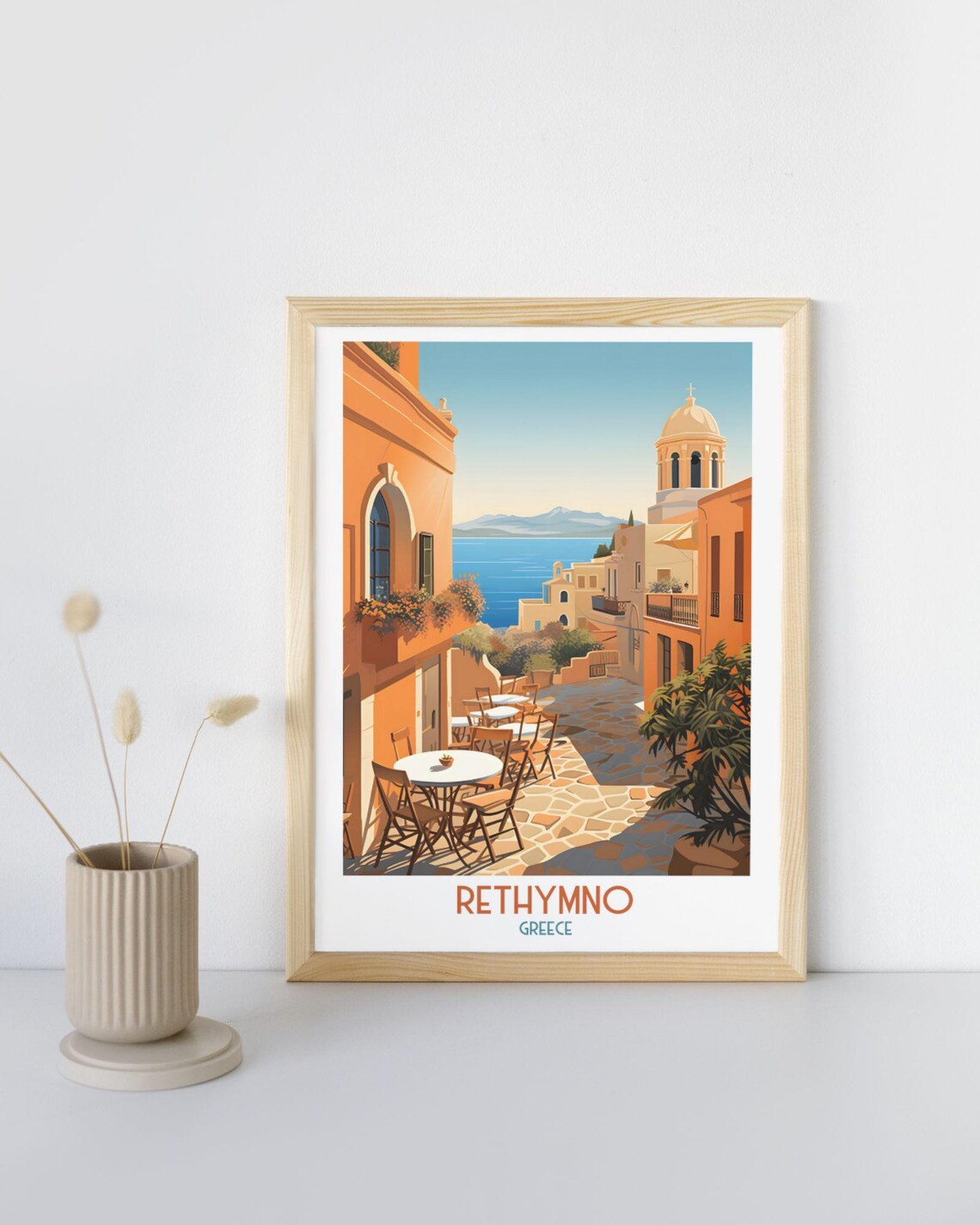 Rethymno Greece Cobblestone Cafe Street With Sea View Travel Art Print