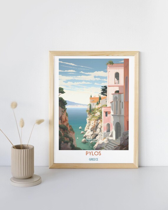 Pylos Greece Pastel Cliffside Buildings Over Turquoise Cove Art Print