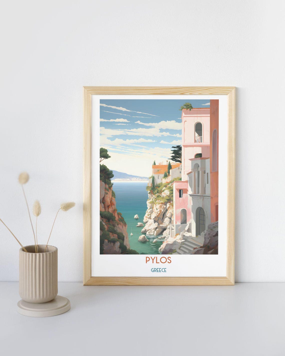 Pylos Greece Pastel Cliffside Buildings Over Turquoise Cove Art Print