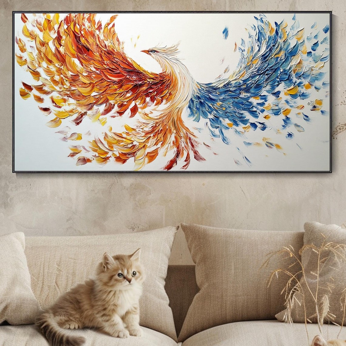 Soaring Phoenix With Orange And Blue Feather Wings Impasto Poster