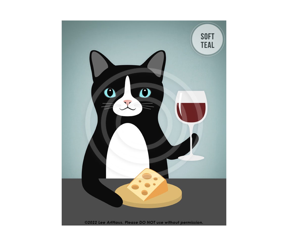 Black And White Cat Drinking Red Wine Cheese Funny Cat Wall Art Poster - Image 4
