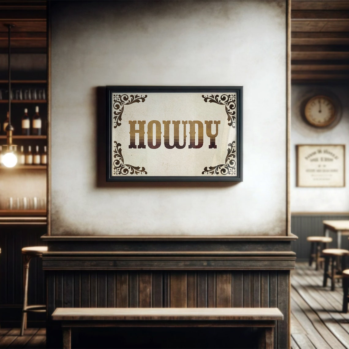Vintage Tan Howdy Western Greeting Ornate Scroll Corner Poster - Image 2