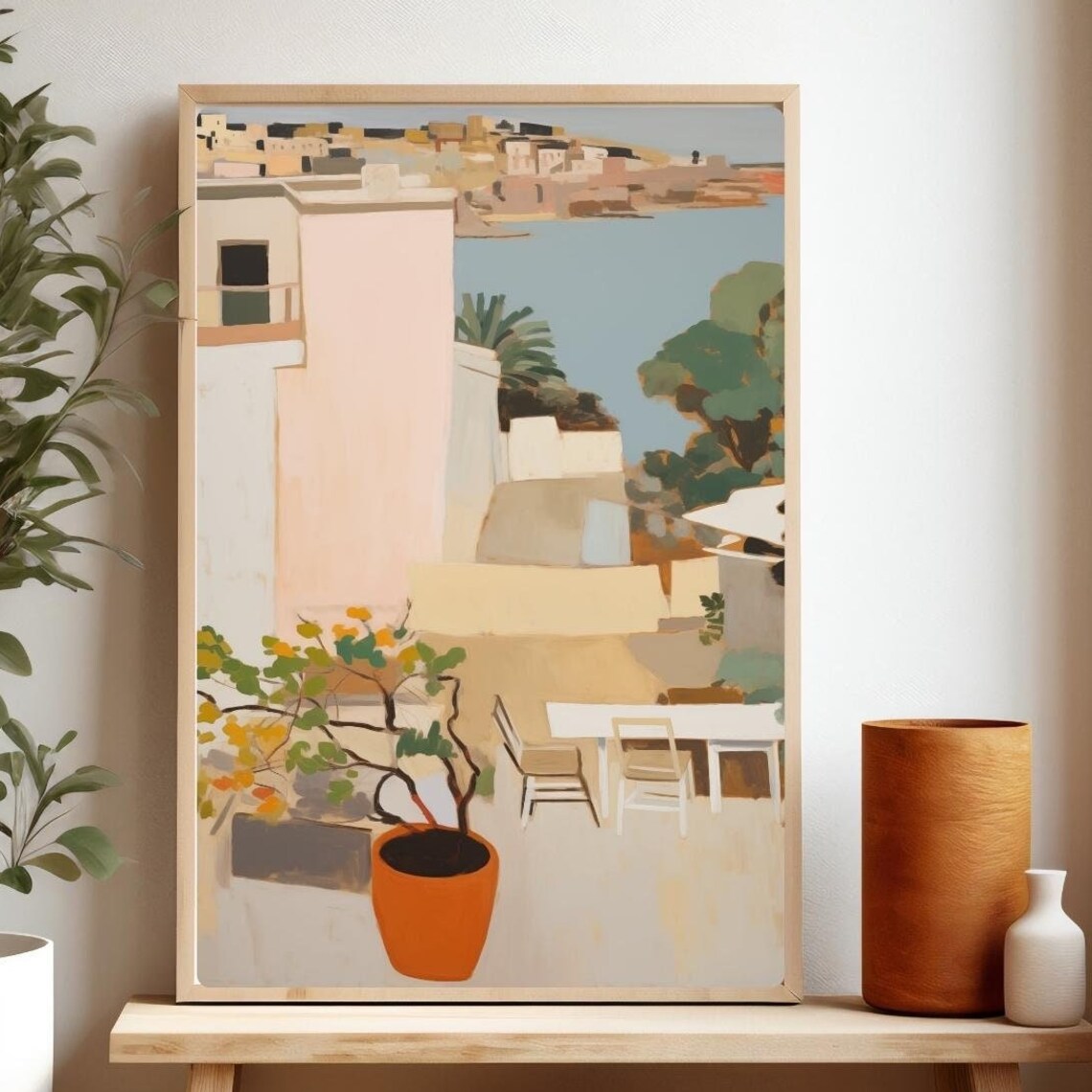Sunlit Mediterranean Terrace Overlooking The Sea Coastal Art Poster