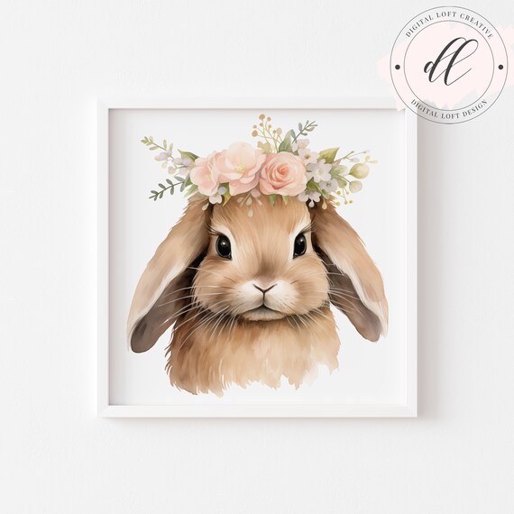 Cute Lop Eared Bunny with Flower Crown Watercolor Art Poster