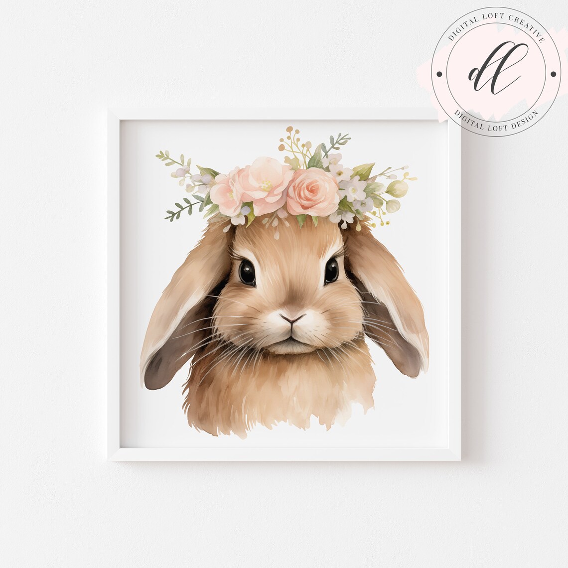 Cute Lop Eared Bunny with Flower Crown Watercolor Art Poster