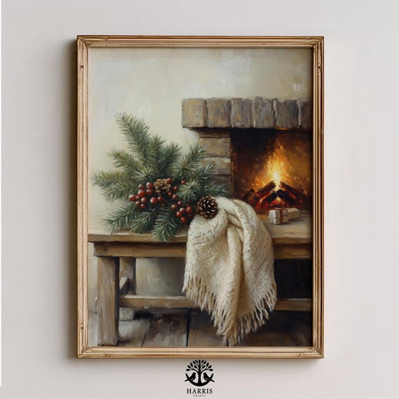 Rustic Winter Mantel Still Life Painting Cozy Farmhouse Decor Vintage Pine And Berry Scene Wall Art 487