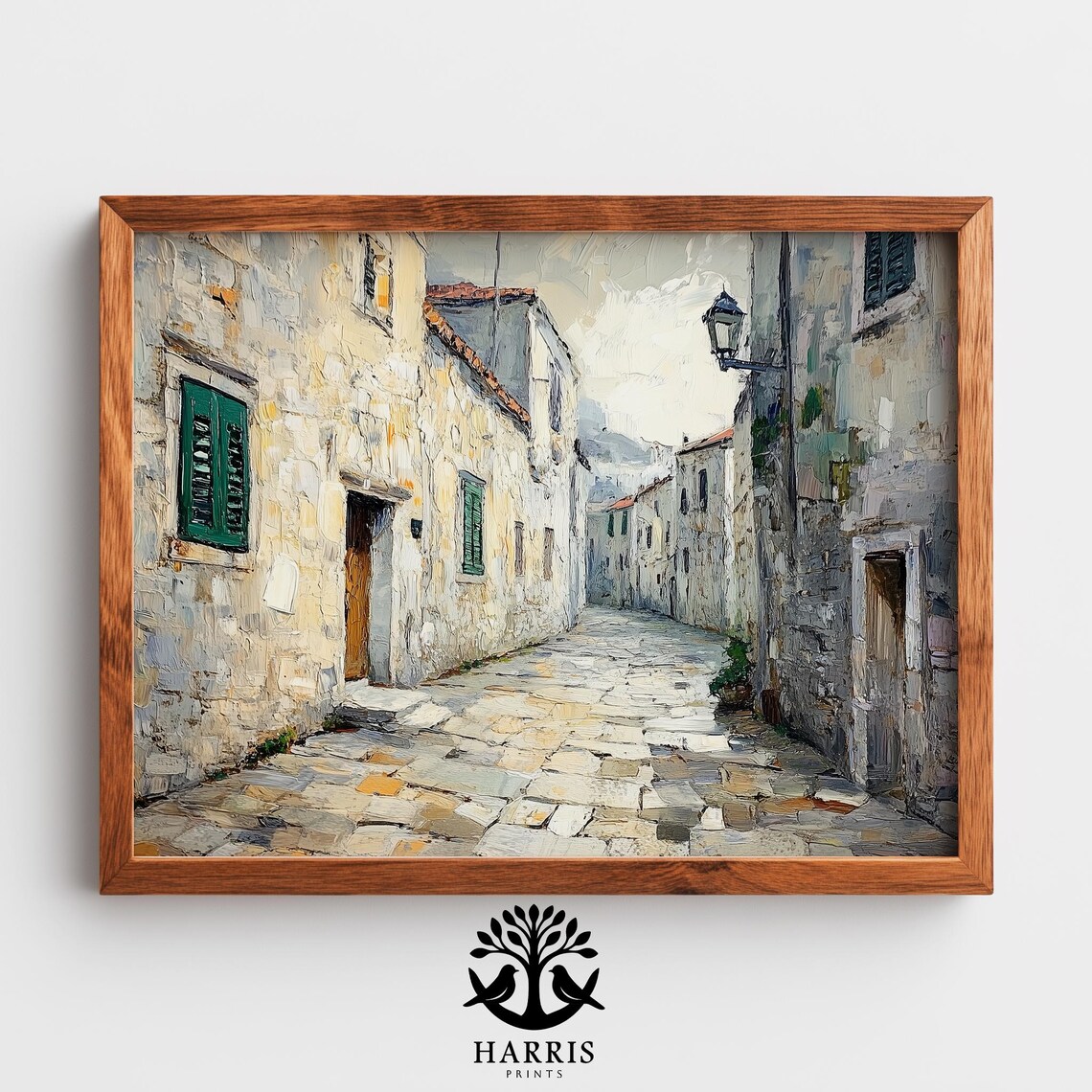 Old European Stone Alley Sunlit Oil Painting Vintage Street Print
