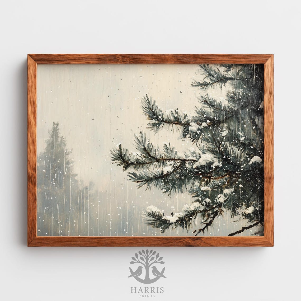 Gentle Snow Falling On Pine Branch Winter Forest Painting Poster