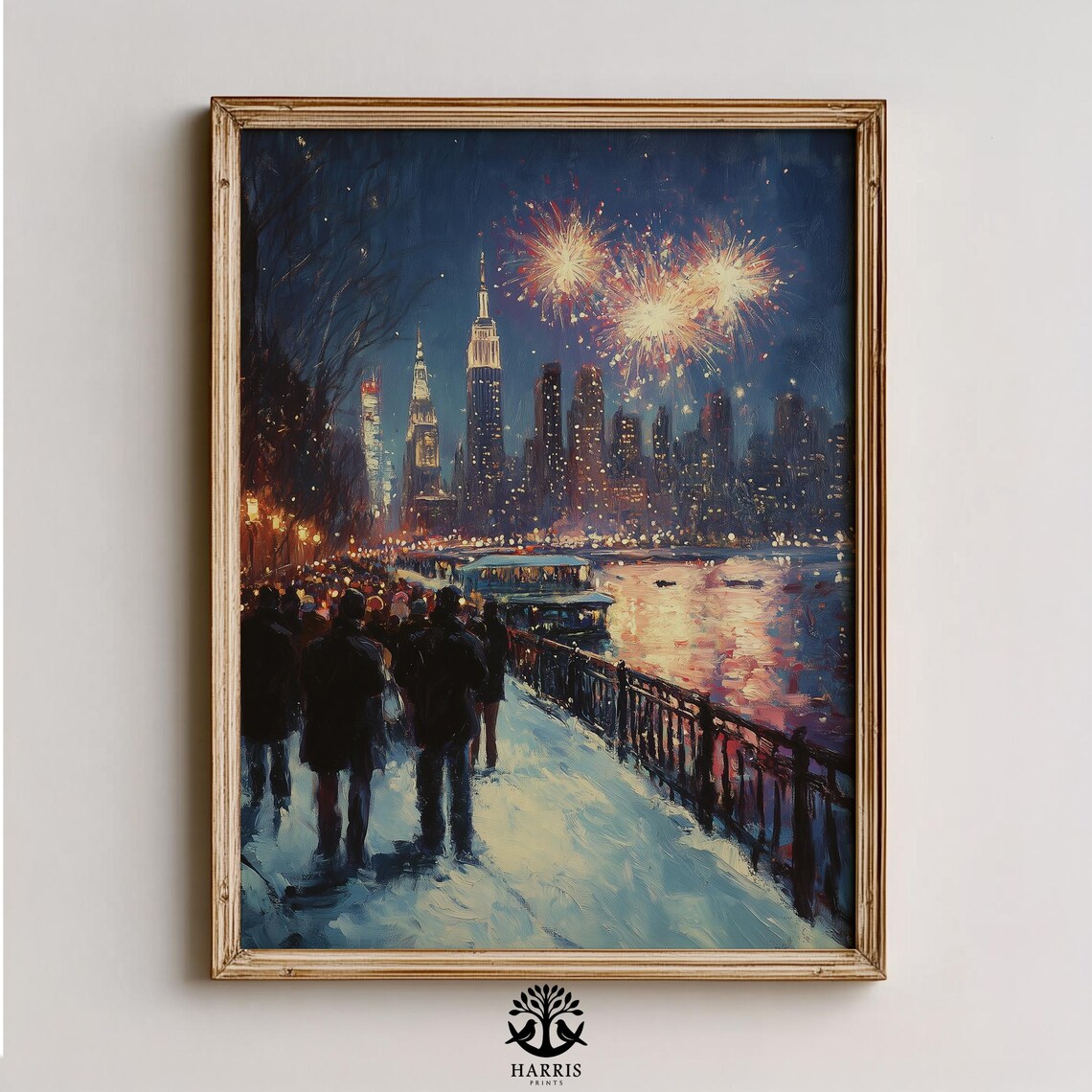 Festive City Bridge Night Scene Moody Urban Painting Of Fireworks Cinematic Skyline Vibrant Art Holiday 397