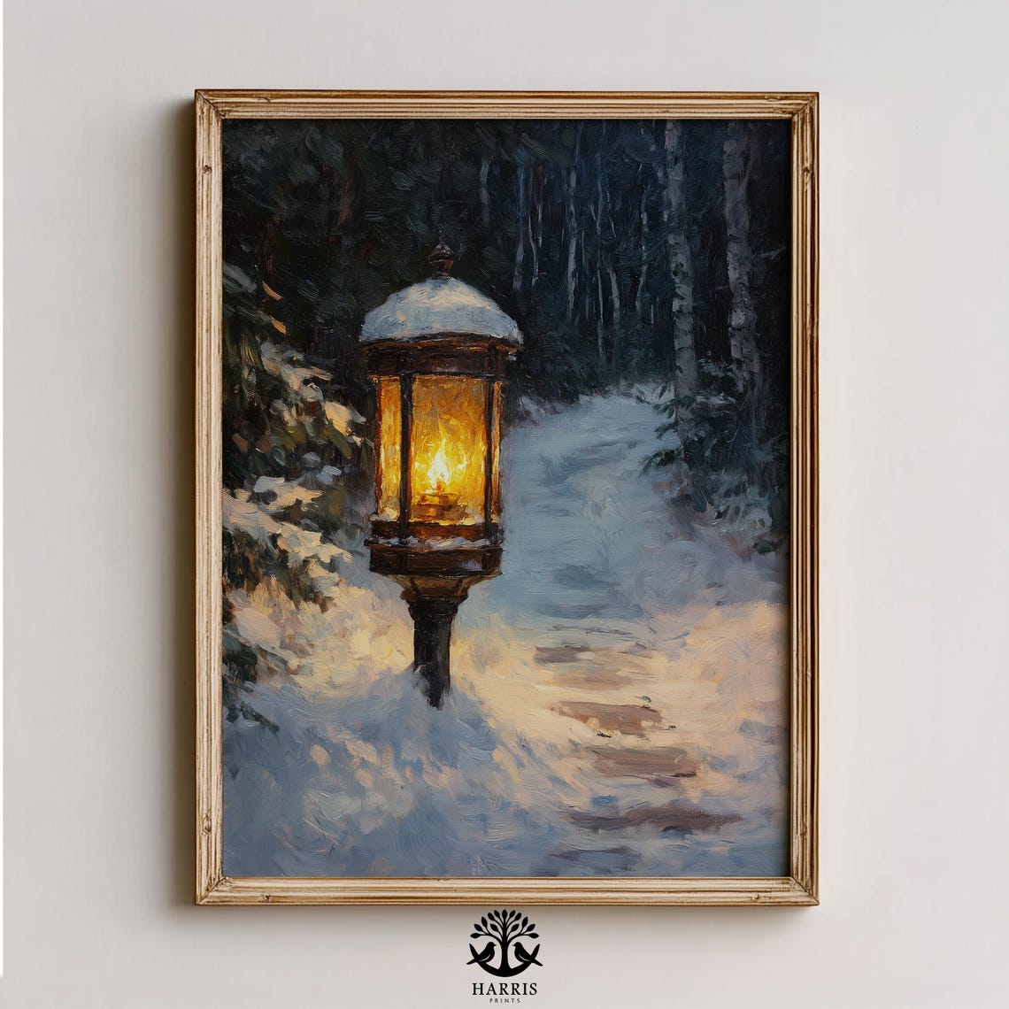 Glowing Lantern in a Snowy Night Forest Winter Vintage Painting Poster