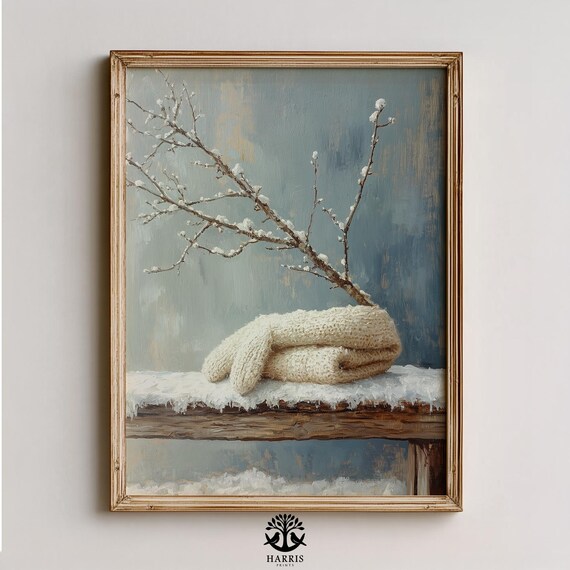 Cozy Winter Stilllife Wall Art Snowdusted Branch With Knit Blanket Moody Neutral Farmhouse Decor 430