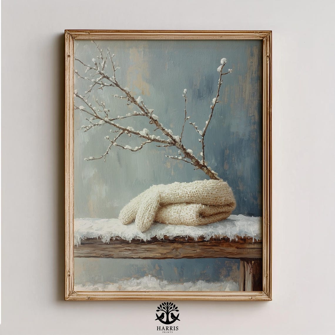 Cozy Winter White Knit Mittens on Snowy Bench Branches Art Print