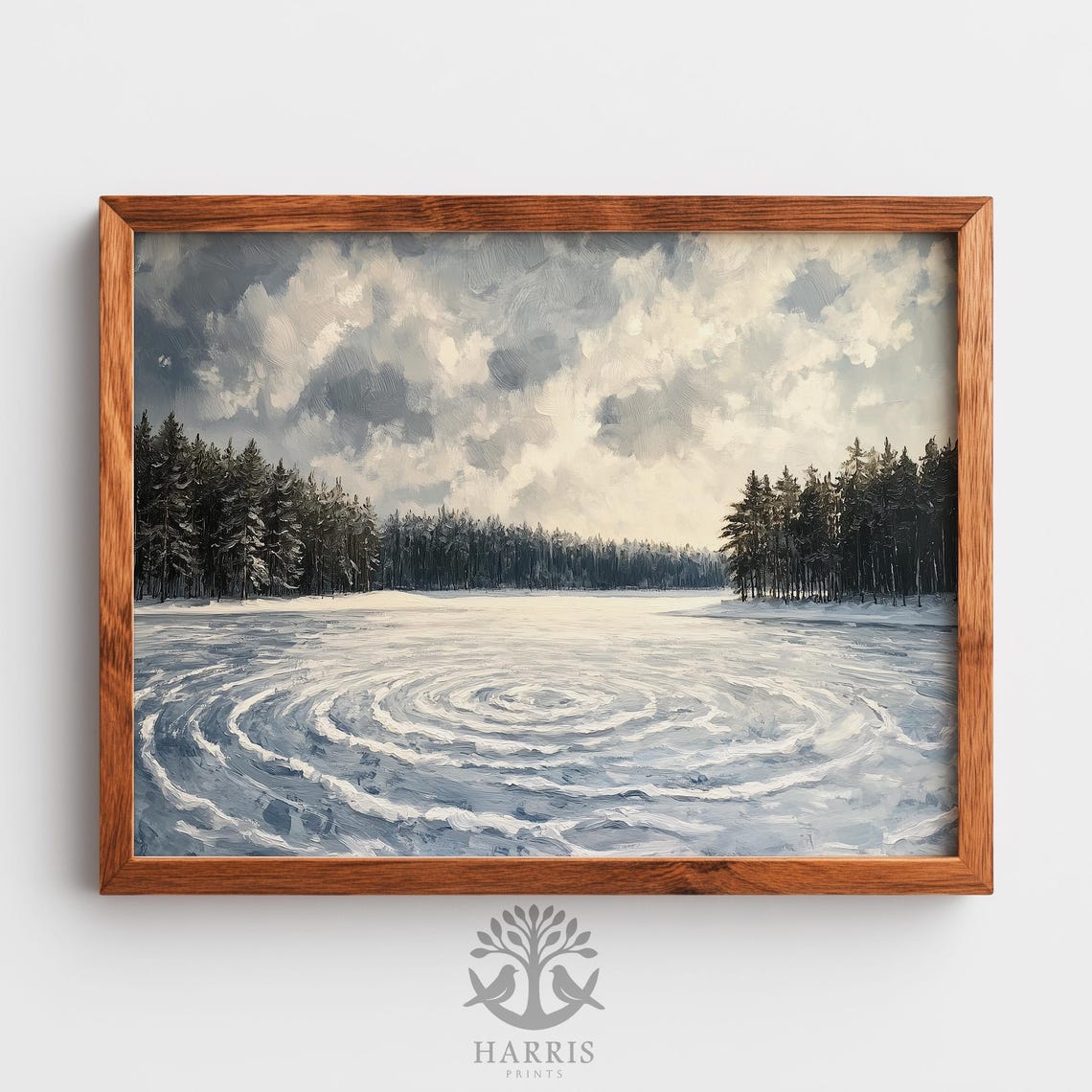 Frozen Lake Spiral Ice Pattern Moody Winter Forest Painting Print